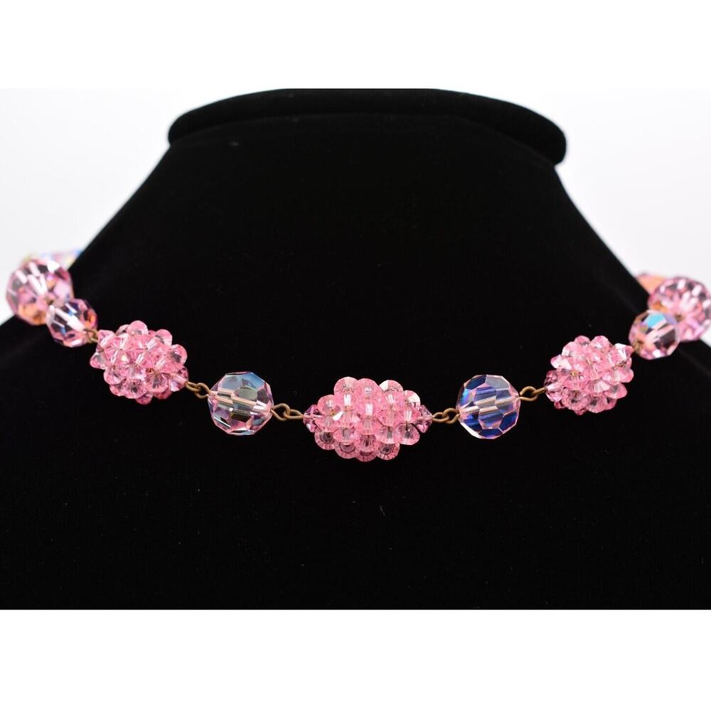 Bergere Vintage Crystal Choker Necklace Pink Bohemian Glass Cluster Signed Bin6B